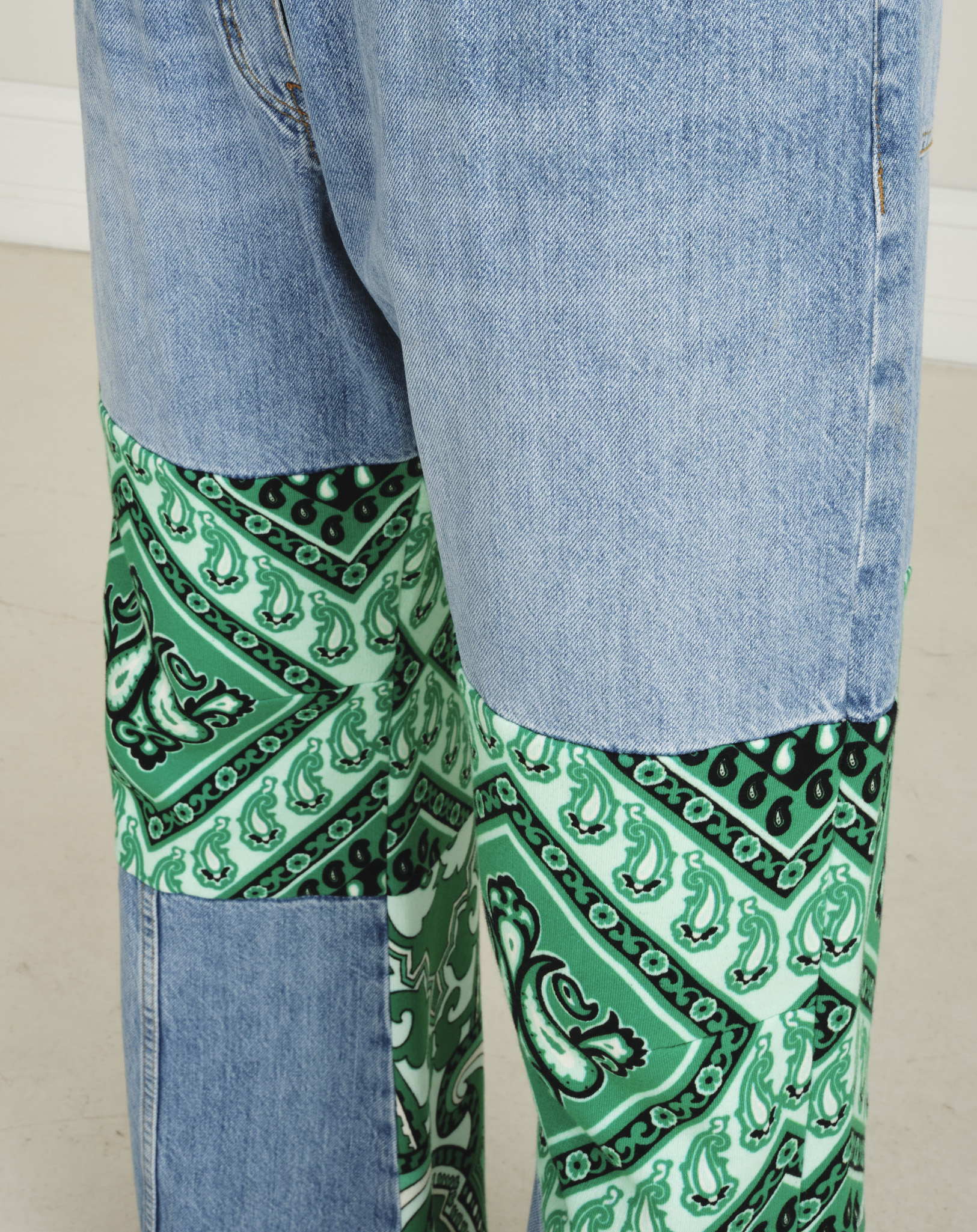 Etro- Green Paisley Patchwork Wide Leg Jeans